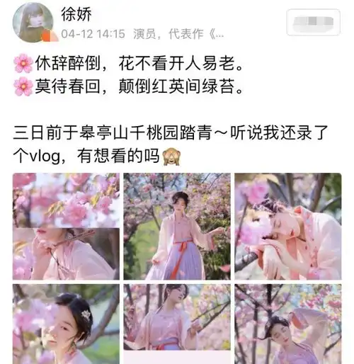 徐娇穿古装在桃花中拍照,像起飞的仙女,侧身那一刻尽显少女身材