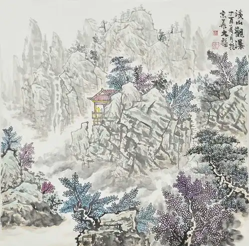 黄震国画作品赏析山水蕴禅心,祥云送吉利