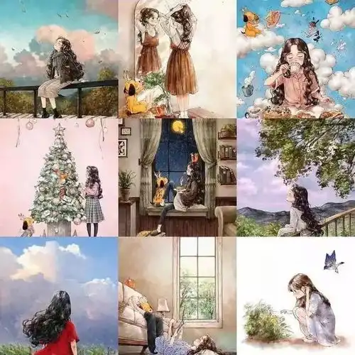 水彩临摹森系少女笔下的世界