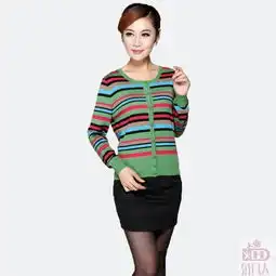 雅达秋冬新品女毛衣针织衫超细美丽诺羊毛条纹圆领休闲百搭高腰大码女毛衣开衫m3167
