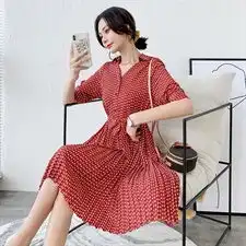 印花百褶裙女2020夏装新款韩版系带气质中长款短袖v领衬衫裙子潮