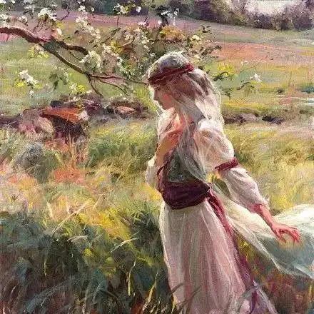 她站在三月的风里伊人如花系列油画