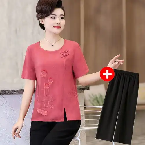 中老年女装洋气套装女2019新款阔太太短袖t恤中年妈妈夏装两件套