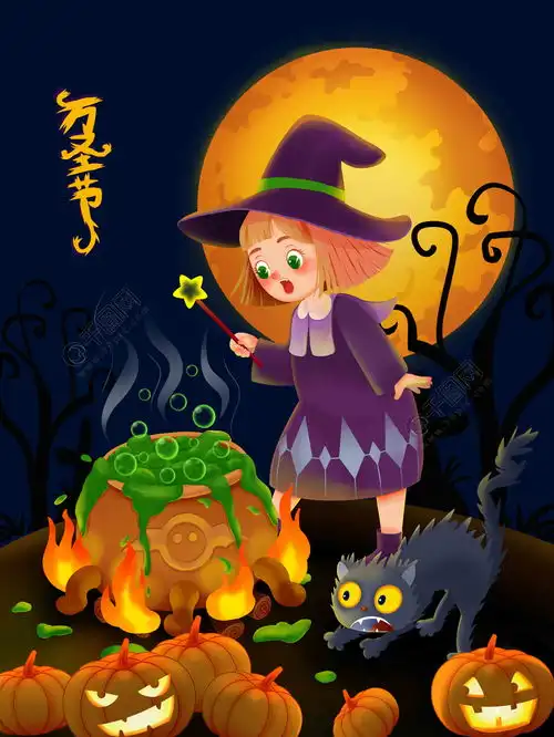 万圣节女孩女巫和猫魔法免费下载插画图片7087像素千图