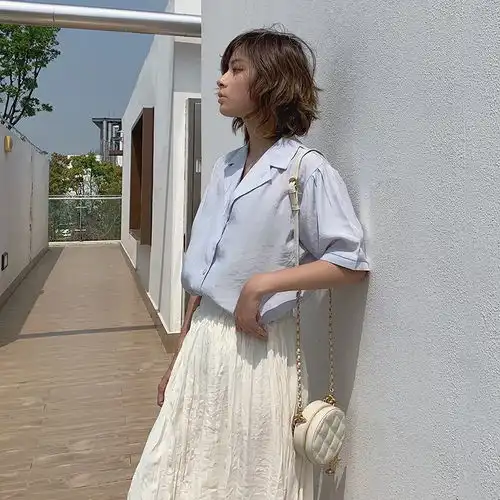 施悦名光感缎面短袖衬衫夏装微透防晒衫宽松版衬衫女气质上衣a