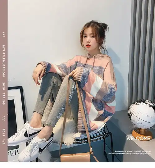 启言温柔风宽松森系连帽条纹毛衣女装秋冬韩版2019新款针织衫外套上衣
