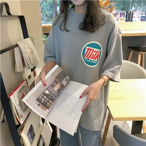 含棉宽松款休闲短袖t恤女慵懒风韩版学生大码女装印花上衣夏季潮