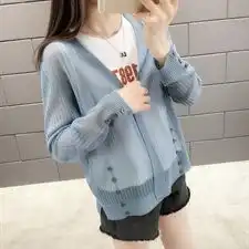 薄款v领冰丝针织开衫女宽松空调衫2019春夏新款防晒衫披肩外套潮