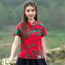 中年新款唐装上衣女夏装短袖妈妈装绣花棉麻t恤女民族风女装汉服