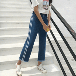 丫头日系韩版女装夏季韩版学生原宿bf风松紧腰宽松牛仔裤女阔腿显瘦条纹毛边九分裤简单网www.j.cn