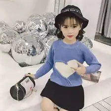 圆领套头2018秋季女童长袖爱心拼接甜美小清新可爱风毛衣针织衫