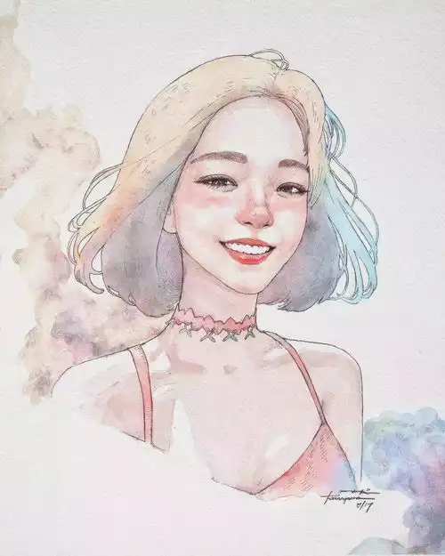 他的钢笔淡彩,寥寥几笔画出了女孩子独有的美