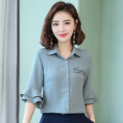 图荣夏季短袖喇叭袖雪纺衫女韩版时尚方领刺绣衬衫上衣女一件代发