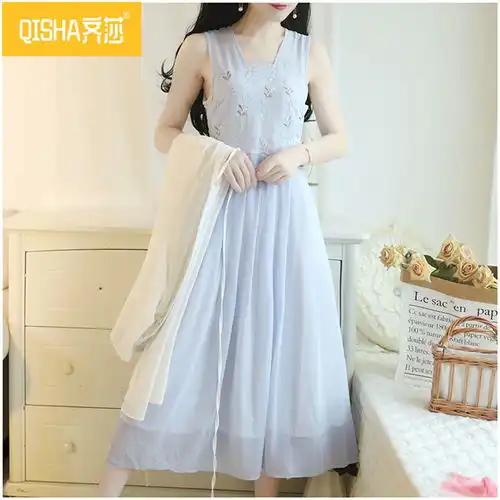 汉服改良连衣裙女2019夏季中国风超仙褥裙两件套仙气古风短袖古装