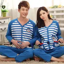 新款春秋装卡通可爱情侣睡衣针织纯棉男女条纹长袖纽扣家居服套装