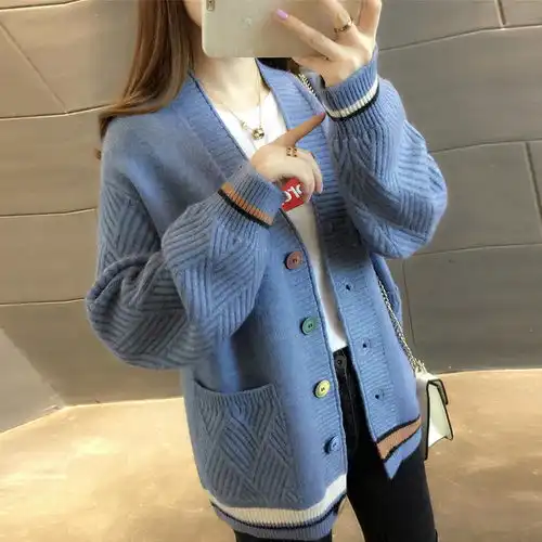 2020开春新款针织开衫女学生韩版口袋毛衣外套女宽松v领长袖外搭