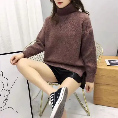 兰诗缇娜秋季新款女装韩版毛衣女套头高领宽松百搭慵懒风针织打底衫女ls