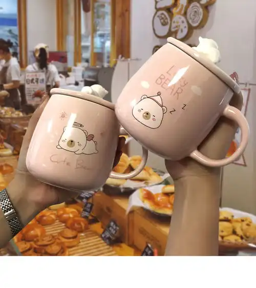 韩式可爱呆萌卡通陶瓷马克杯带盖勺情侣女生早餐咖啡牛奶杯子家用