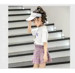 2019夏季新款韩版女童中大童甜美头像印花t格子裙两件套