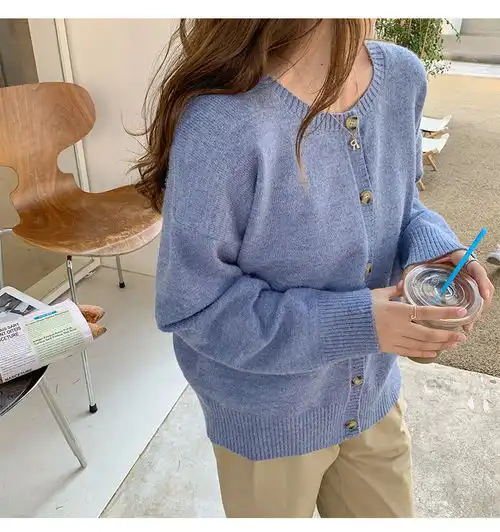 施悦名针织开衫女秋季2021新款韩版气质宽松圆领两穿长袖毛衣外套