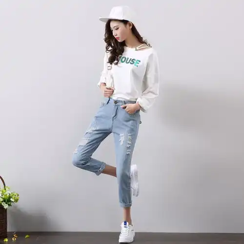 788新款九分无弹破洞牛仔裤女宽松牛仔裤女夏韩版学生bf百搭中腰
