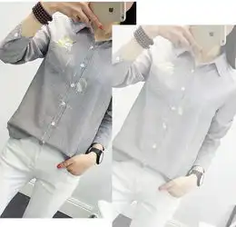 2018新款秋季小清新卡通刺绣条纹翻领长袖衬衫女韩版打底衬衣