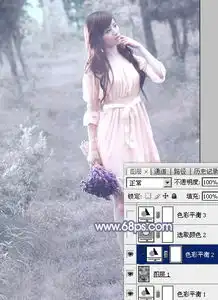 photoshop打造梦幻的淡蓝色树林美女图片