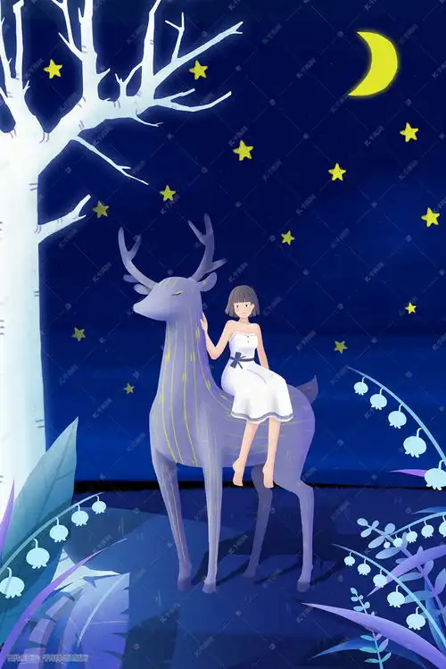 晚安你好少女夜景小鹿星空卡通插画图片千库网