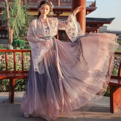 汉服女襦裙齐胸广袖仙气飘逸古风樱花渐变烫金大袖衫学生古装超仙