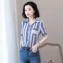 图荣夏季款条纹短袖衬衫女韩版气质通勤翻领衬衣宽松显瘦上衣女装