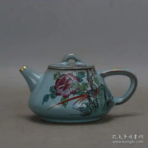 宋汝窑青釉描金彩绘花鸟纹茶壶2
