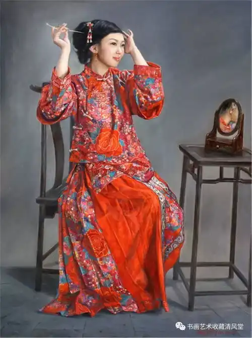 中国油画风吹过花含苞淑女窈窕