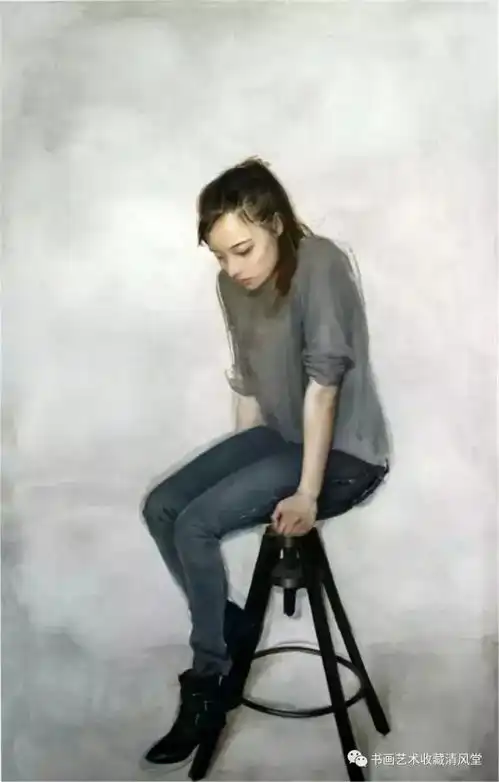 中国油画风吹过花含苞淑女窈窕