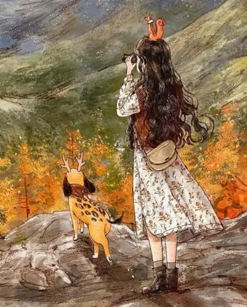 森林女孩治愈插画,时而安静时而活泼,童趣画风充满诗情画意