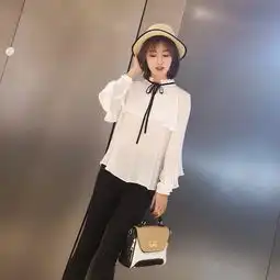 施悦名2019早春新款时尚纯色长袖衬衣气质系带荷叶边上衣