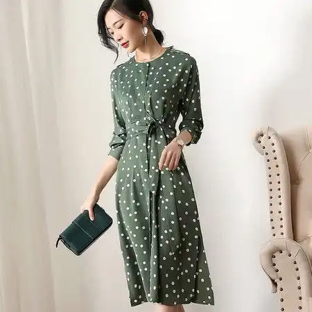 施悦名春装欧美新款2019女装连衣裙波点圆领拼接单排扣a字裙