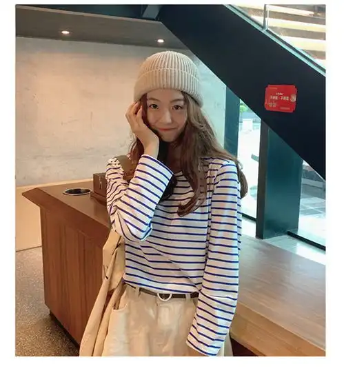 潮流2019秋冬新款圆领打底女韩版修身上衣长袖t恤洋气条纹体恤
