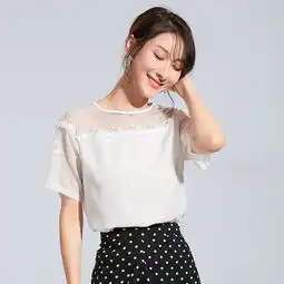 施悦名2019夏季新款清凉韩版女装气质镂空蕾丝拼接提花雪纺短袖上衣女图片大全邮乐官方网站