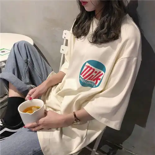 含棉宽松款休闲短袖t恤女慵懒风韩版学生大码女装印花上衣夏季潮