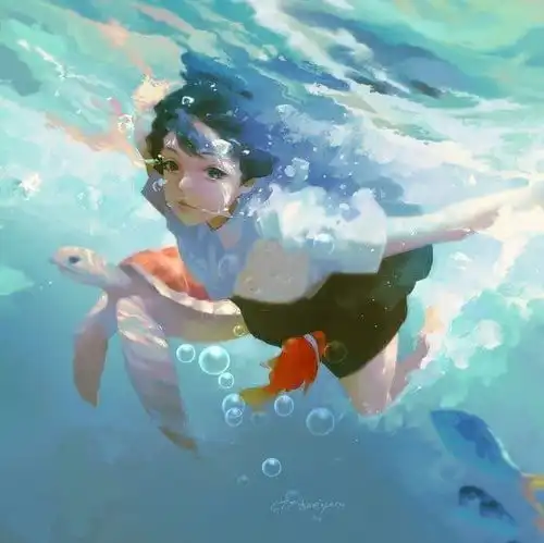 油画风与海龟同游的少女动态壁纸下载wallpaper动态壁纸下载99单机游戏