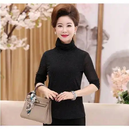 中老年女装长袖t恤妈妈装半高领套头针织衫中年妇女打底衫图片大全邮乐官方网站