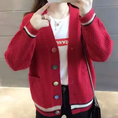 针织开衫女短款2019秋冬韩版加厚慵懒毛衣外套宽松v领灯笼袖外搭