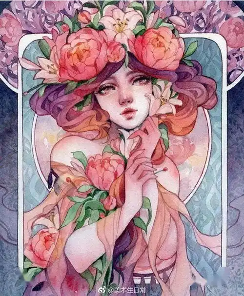 水彩插画花与女孩,有没有迷倒你们啊,真的是太美了
