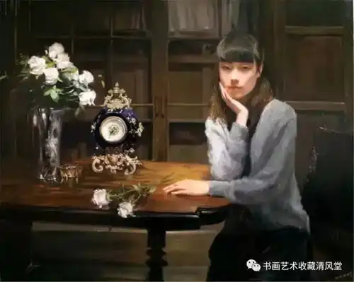 中国油画风吹过花含苞淑女窈窕