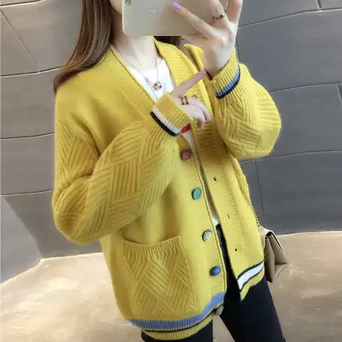 2020开春新款针织开衫女学生韩版口袋毛衣外套女宽松v领长袖外搭