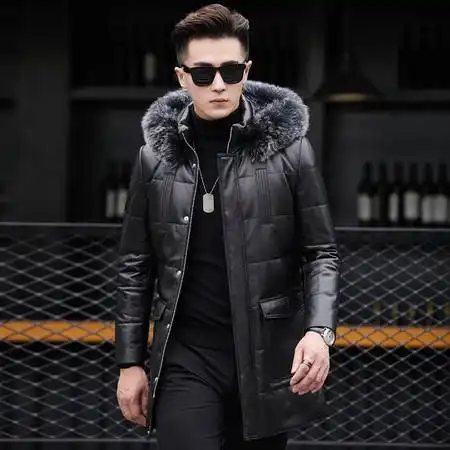 汤河之家羽绒服男中长款狐狸毛领连帽外套男士真皮羽绒服c