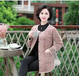 中老年春装女式针织外套2019新款妈妈装春季时尚中长款毛衣开衫xk福卡商城