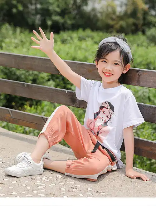 儿童运动套装2019夏季新款女童中大童美女头像拼条休闲两件套pwy