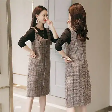 jeanesunp春季口袋韩版时尚休闲舒适简约潮流气质格子高腰a字裙连衣裙图片大全邮乐官方网站