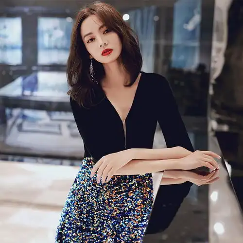 黑色晚礼服裙女2020新款宴会长袖气场女王显瘦气质高贵小个子年会